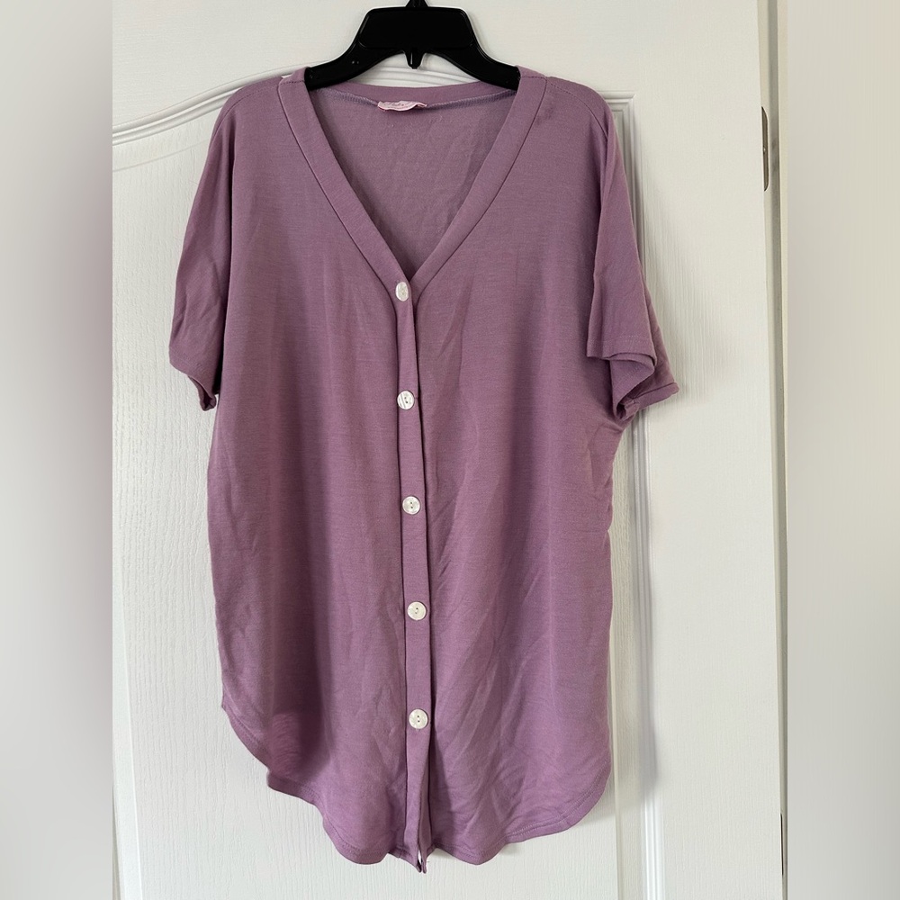 Pink Lily - Button Front Jersey Blouse - Dark Lavender - Size Small